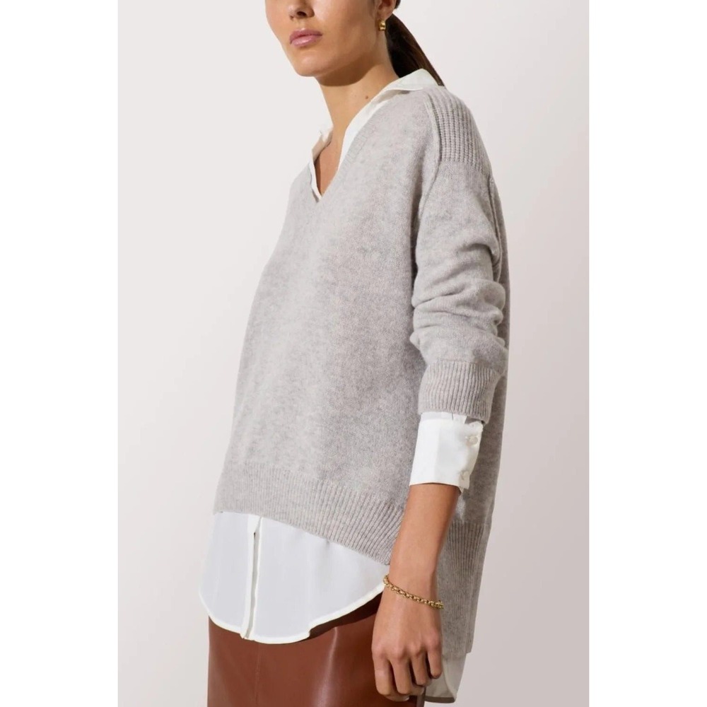 Brochu Walker The Looker Layered V-Neck Sweater Small Gray White Cashmere Wool
